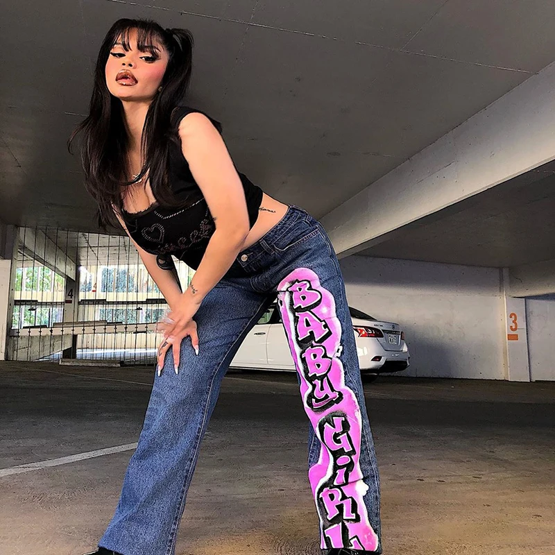 YICIYA 2020Harajuku Punk Casual Jeans Til Kvinder Brev Print-Blå Denim Lange Bukser Mode Høj Talje Bukser, Capris Streetwear