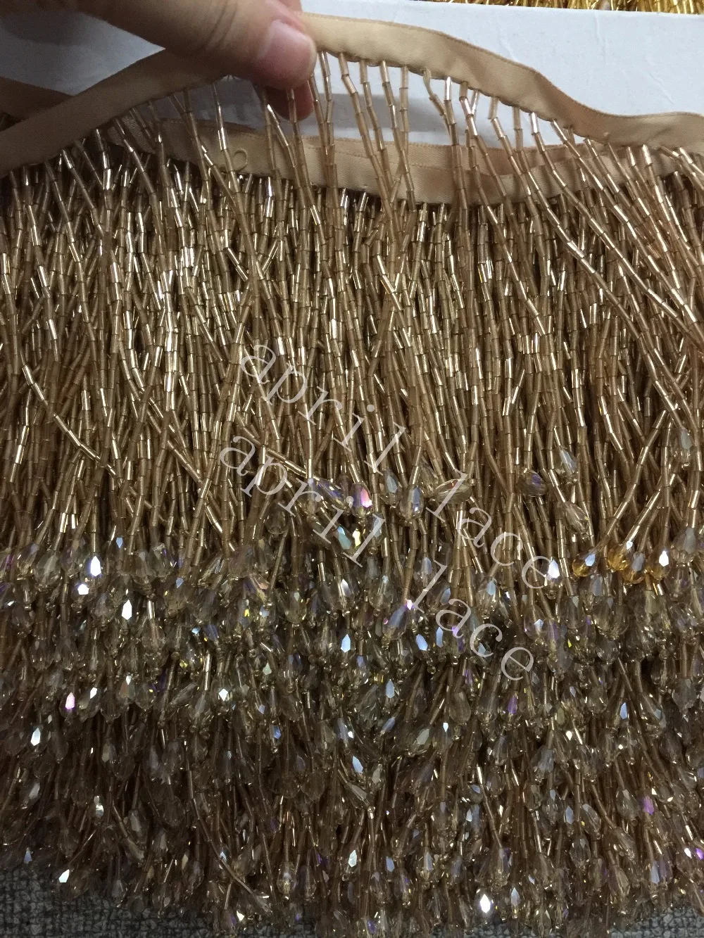 Yy066# 10 m guld/mørk guld/sort 9-10 cm bredde glas perler, silkebånd, frynse kvast til bryllup kjole /tøjet/dekorative