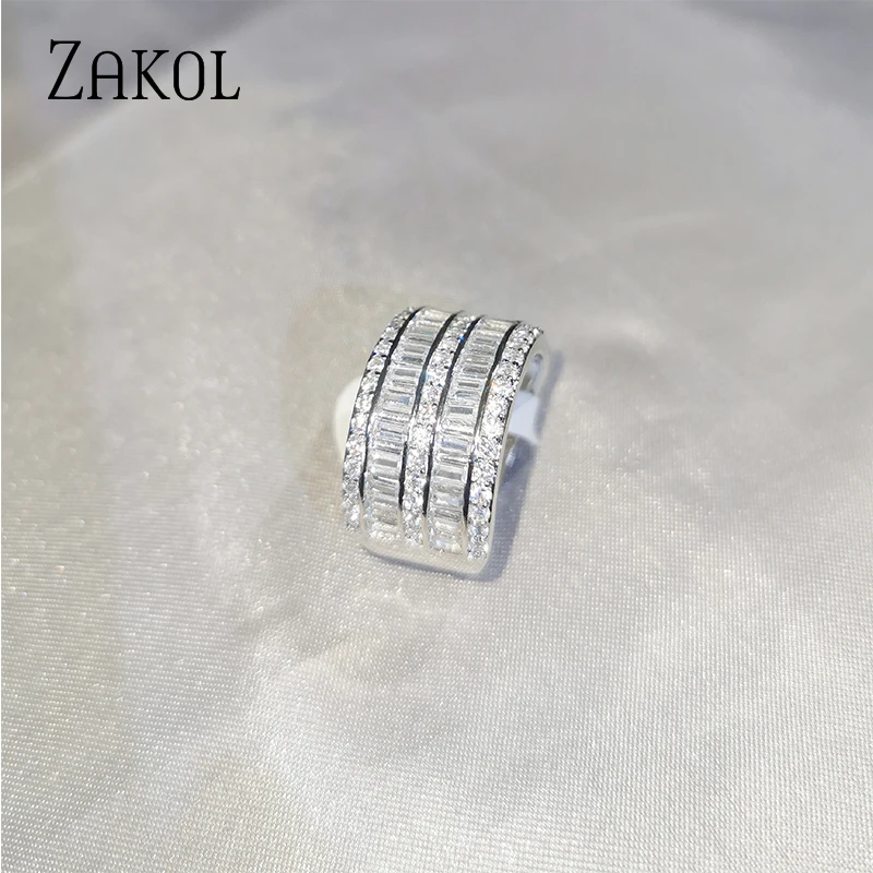 ZAKOL Band Stor Baguette Cubic Zircon Sten og Sølv Farve Finger Ringe til Kvinder, Bryllup, Engagement, Mode Smykker 2020 Hot Salg