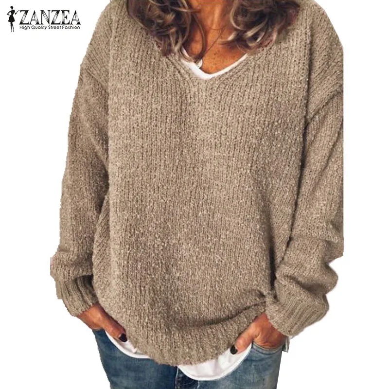 ZANZEA Kvinder Efteråret Strikket Sweater Solid V Neck langærmet Strik Løs Pullover Kvindelige Jumper Blusas Casual Basic Trøjer