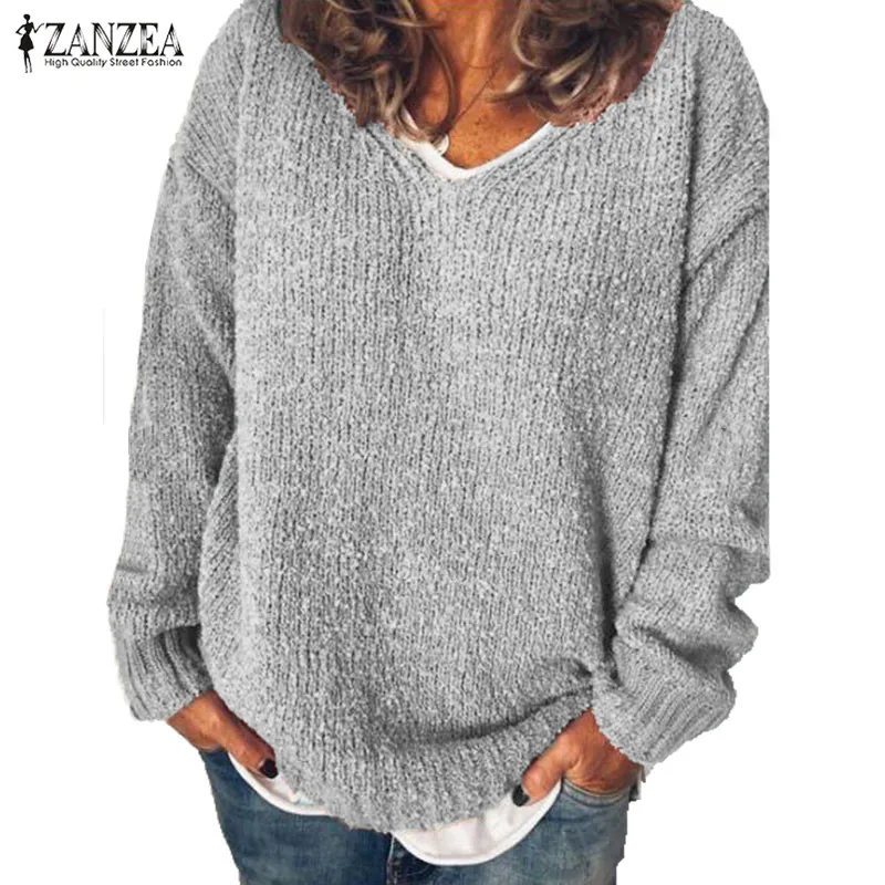 ZANZEA Kvinder Efteråret Strikket Sweater Solid V Neck langærmet Strik Løs Pullover Kvindelige Jumper Blusas Casual Basic Trøjer