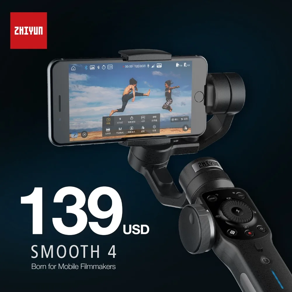 Zhiyun Glat 4 3 Akse Gimbal Steadicam Stabilisator til iPhone X 8 Gopro Hero 5 SJCAM SJ7 Xiaomi Yi 4k-action-kamera