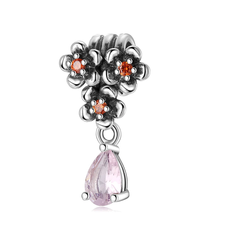 Ægte 925 Sterling Sølv Dazzing Pink Zircon Blomster charm Perler, fine Smykker Passer til Kvinder Oprindelige Charme Armbånd Halskæde gøre