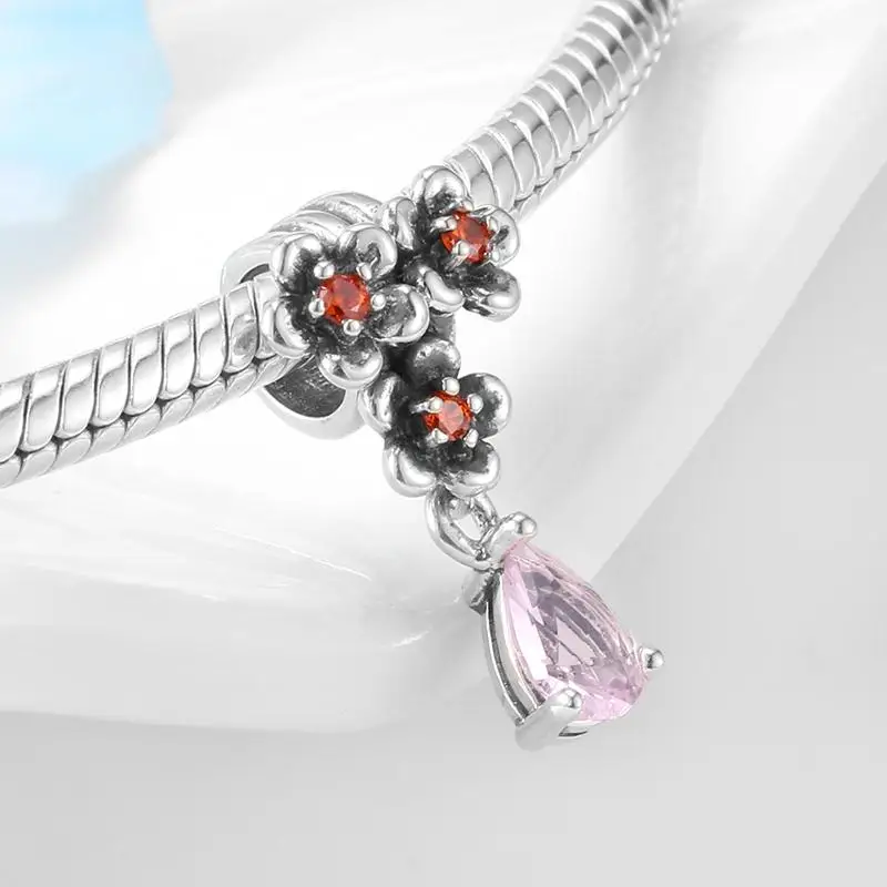 Ægte 925 Sterling Sølv Dazzing Pink Zircon Blomster charm Perler, fine Smykker Passer til Kvinder Oprindelige Charme Armbånd Halskæde gøre