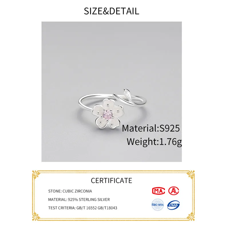 Ægte 925 Sterling Sølv Zircon Emalje Blomme Blomst Justerbar Ring Elegante, Fine Smykker Til Kvinder Romantisk Part Bijoux