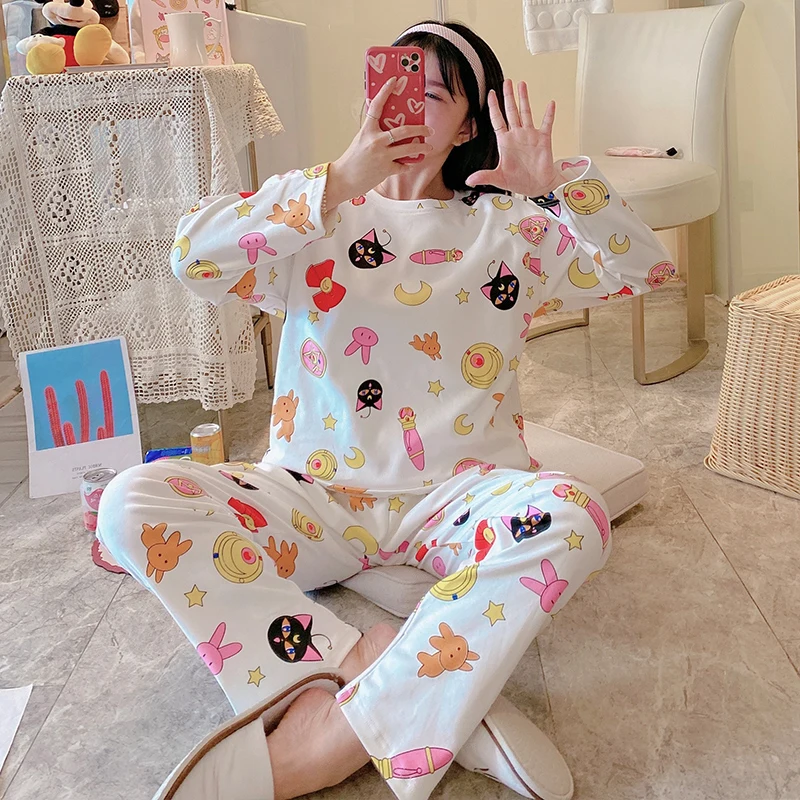 Ærme Nattøj Bomuld Kvinder LongFemalePijama Sailor Moon Print Pyjamas Sæt Til Nightsuit For Vinteren M-XXXL